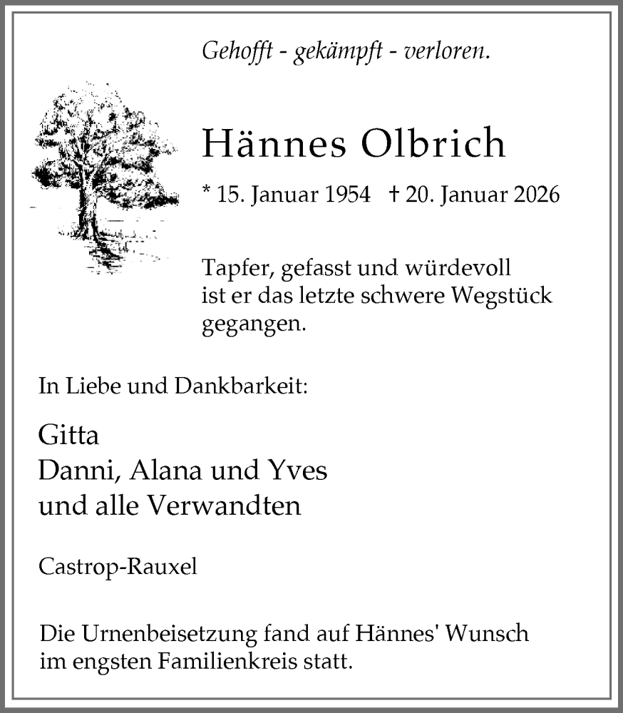  Traueranzeige für Hännes Olbrich vom 31.01.2026 aus Stadtanzeiger Castrop-Rauxel