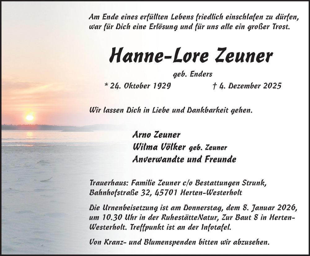  Traueranzeige für Hanne-Lore Zeuner vom 03.01.2026 aus Trauer Vest