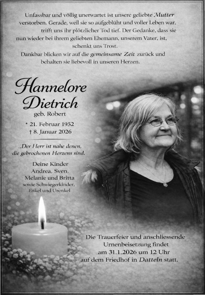  Traueranzeige für Hannelore Dietrich vom 24.01.2026 aus Ruhr Nachrichten