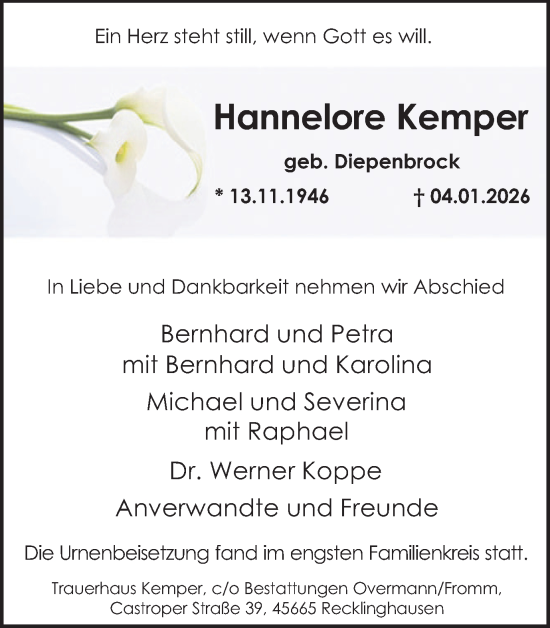 Traueranzeige von Hannelore Kemper von Trauer Vest