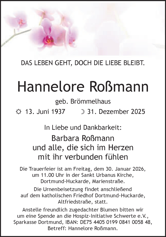 Traueranzeige von Hannelore Roßmann von Ruhr Nachrichten