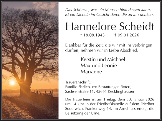 Traueranzeige von Hannelore Scheidt von Trauer Vest