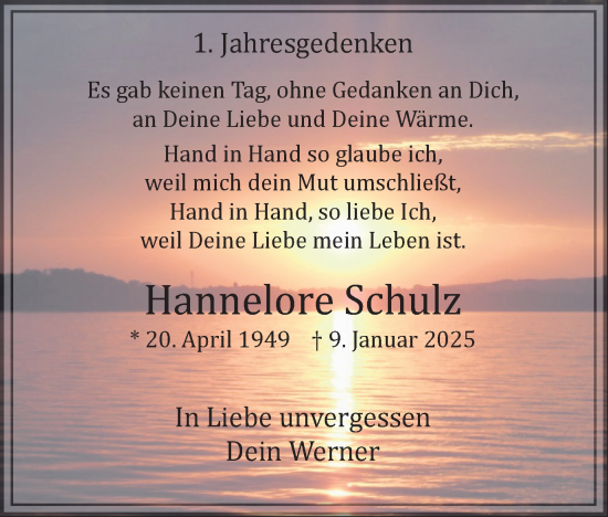 Traueranzeige von Hannelore Schulz von Trauer Vest