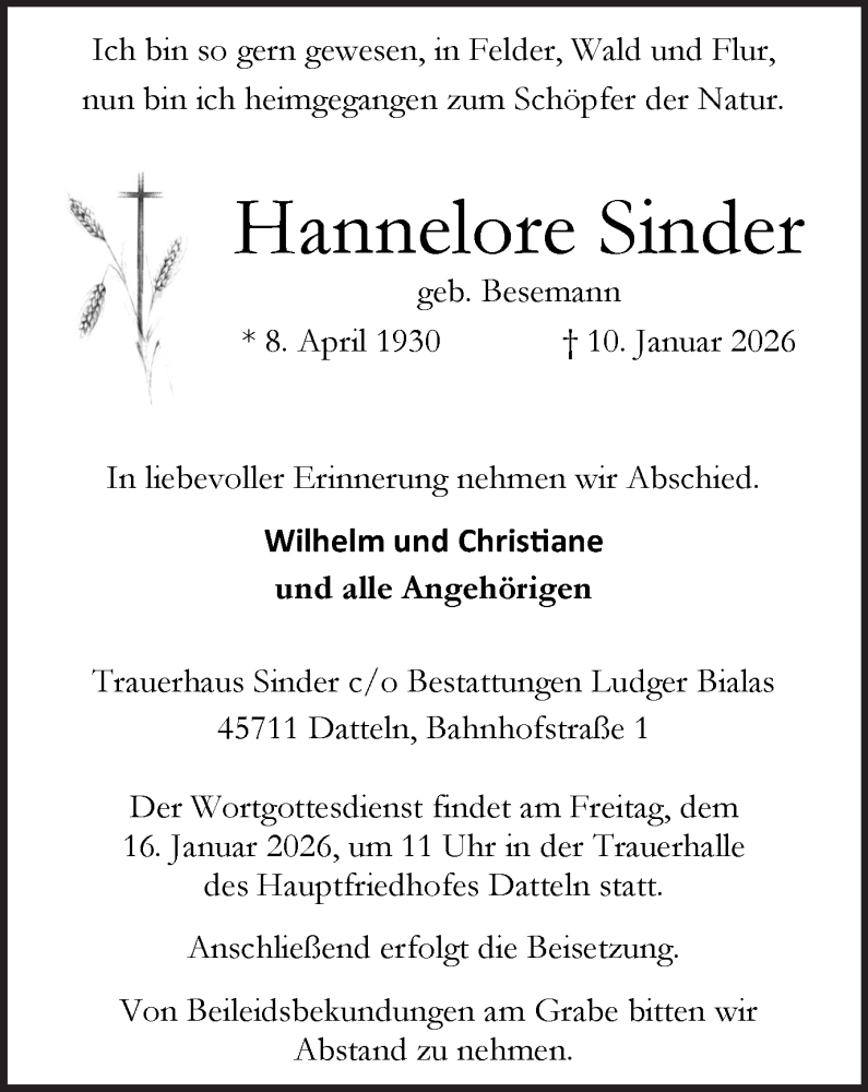  Traueranzeige für Hannelore Sinder vom 14.01.2026 aus Trauer Vest