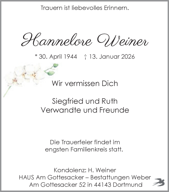 Traueranzeige von Hannelore Weiner von Ruhr Nachrichten