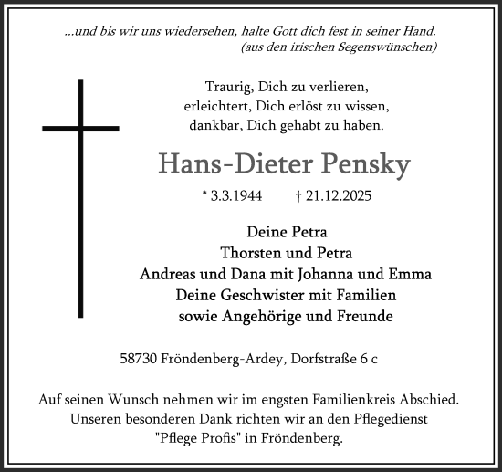 Traueranzeige von Hans-Dieter Pensky von Hellweger Anzeiger