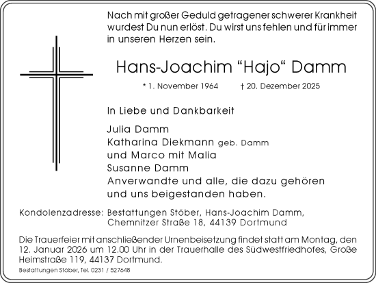 Traueranzeige von Hans-Joachim Damm von Ruhr Nachrichten