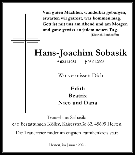 Traueranzeige von Hans-Joachim Sobasik von Trauer Vest