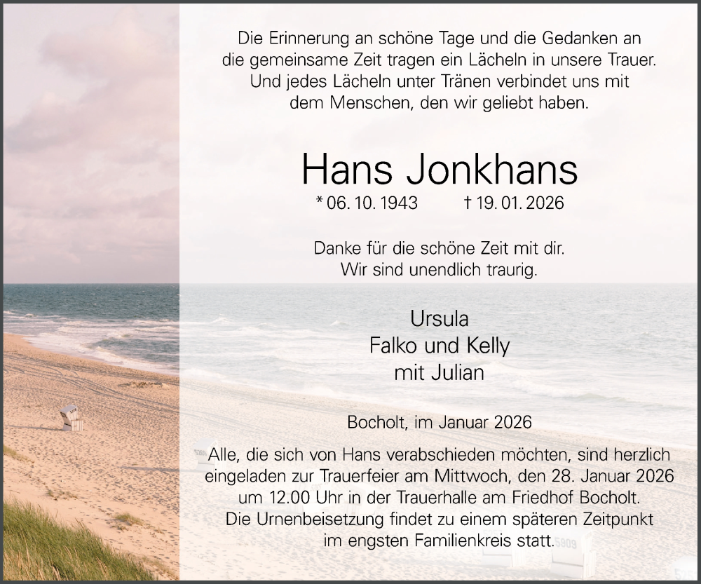  Traueranzeige für Hans Jonkhans vom 24.01.2026 aus 