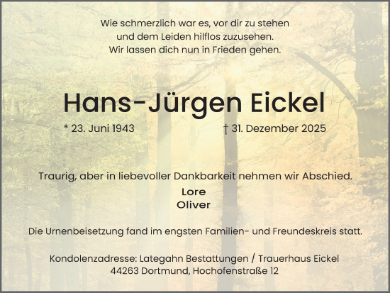 Traueranzeige von Hans-Jürgen Eickel von Ruhr Nachrichten