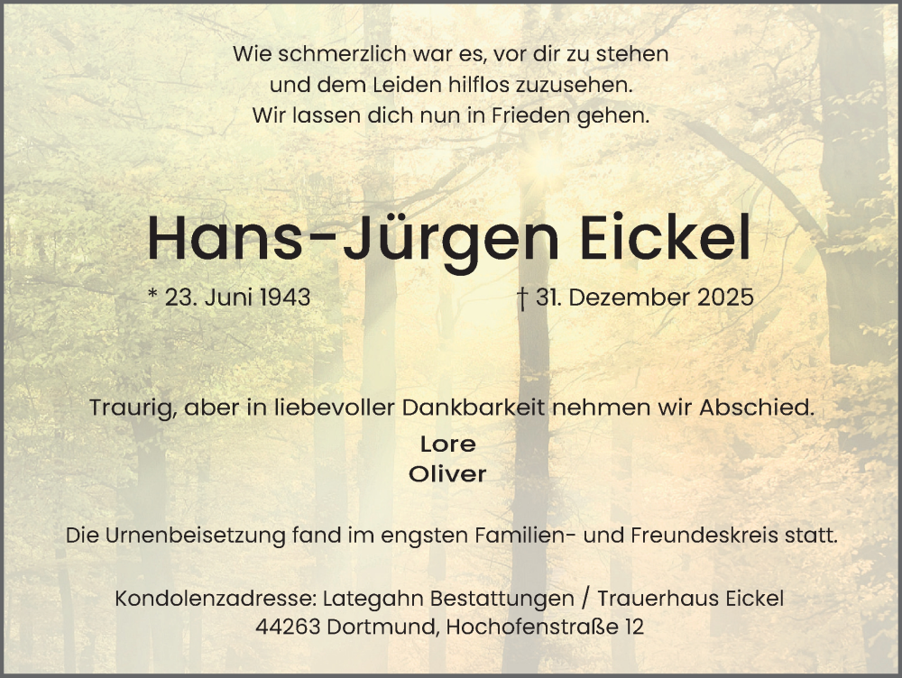  Traueranzeige für Hans-Jürgen Eickel vom 17.01.2026 aus Ruhr Nachrichten