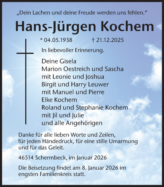 Traueranzeige von Hans-Jürgen Kochem von Ruhr Nachrichten und Dorstener Zeitung
