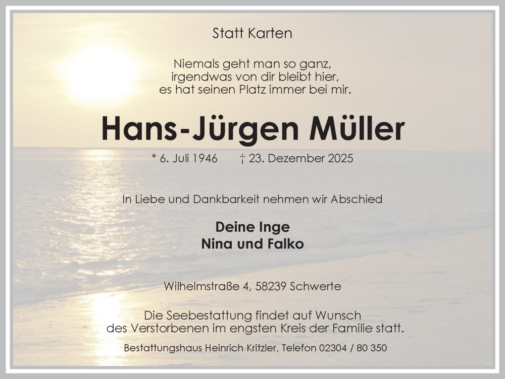  Traueranzeige für Hans-Jürgen Müller vom 03.01.2026 aus Ruhr Nachrichten