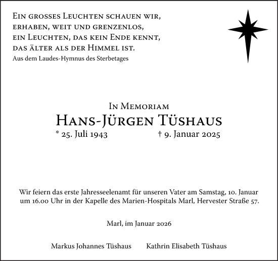 Traueranzeige von Hans-Jürgen Tüshaus von Trauer Vest