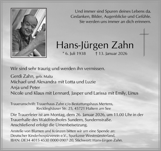 Traueranzeige von Hans-Jürgen Zahn von Ruhr Nachrichten und Halterner Zeitung