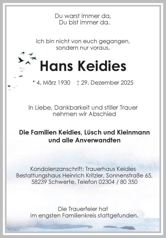 Traueranzeige von Hans Keidies von Ruhr Nachrichten