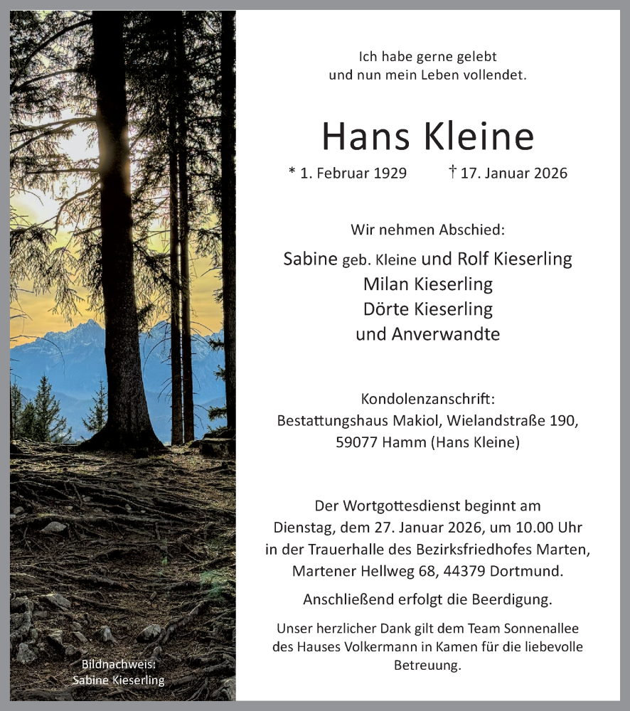  Traueranzeige für Hans Kleine vom 24.01.2026 aus Ruhr Nachrichten