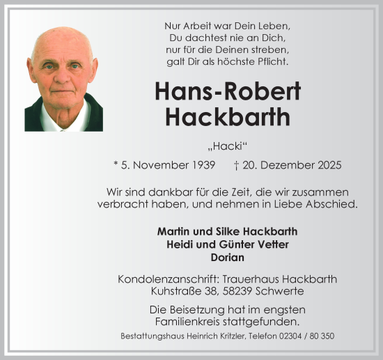 Traueranzeige von Hans-Robert Hackbarth von Ruhr Nachrichten