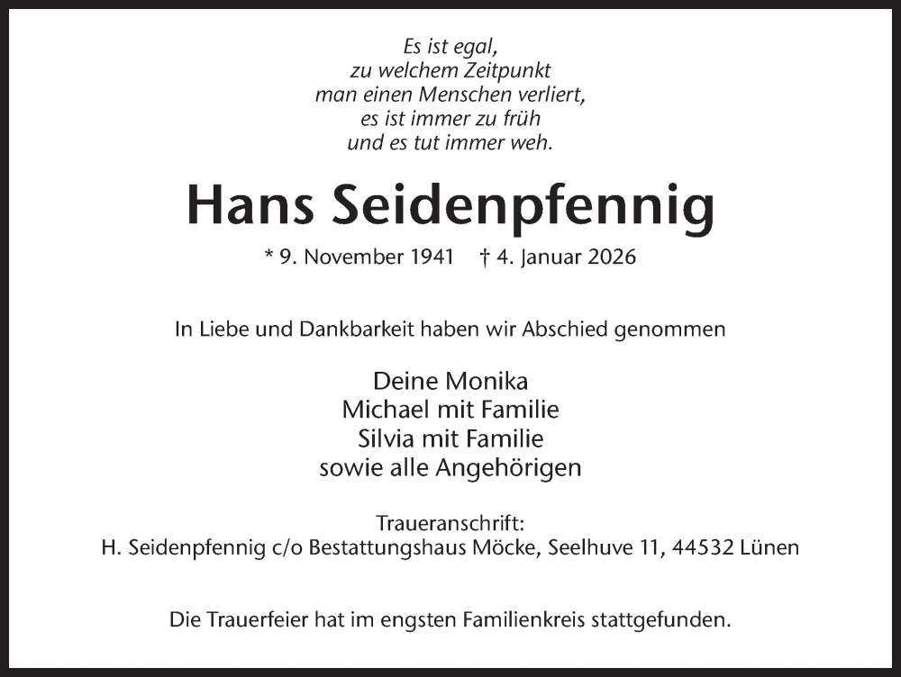  Traueranzeige für Hans Seidenpfennig vom 17.01.2026 aus Lüner Anzeiger