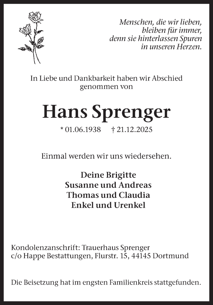  Traueranzeige für Hans Sprenger vom 17.01.2026 aus Ruhr Nachrichten