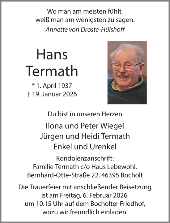 Traueranzeige von Hans Termath 