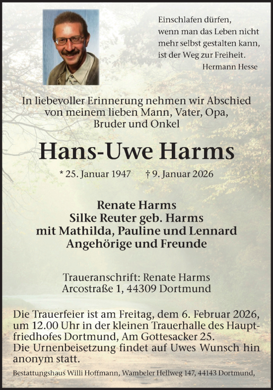 Traueranzeige von Hans-Uwe Harms von Ruhr Nachrichten