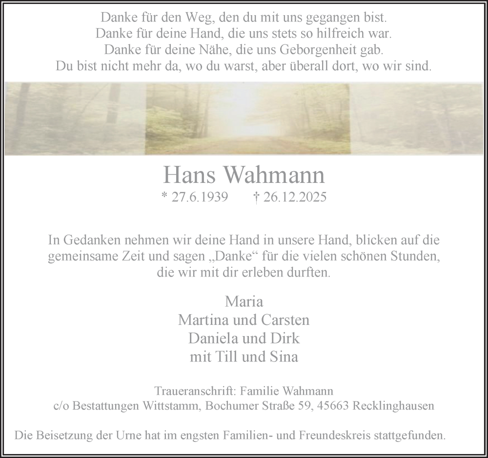  Traueranzeige für Hans Wahmann vom 10.01.2026 aus Trauer Vest