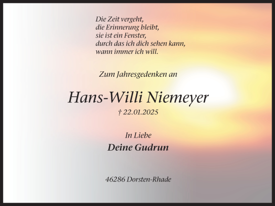 Traueranzeige von Hans-Willi Niemeyer von Ruhr Nachrichten und Dorstener Zeitung