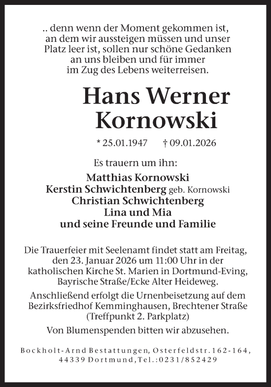 Traueranzeige von Hans Werner Kornowski von Ruhr Nachrichten