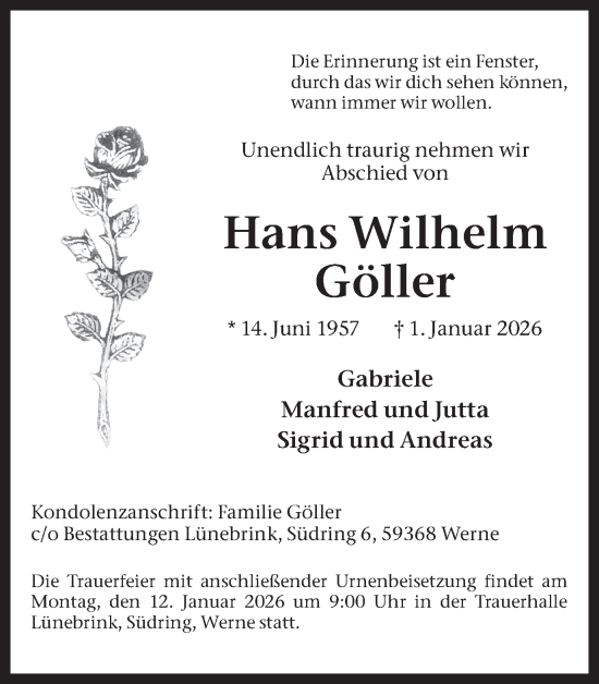 Traueranzeige von Hans Wilhelm Göller von Ruhr Nachrichten