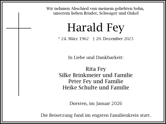 Traueranzeige von Harald Fey von Ruhr Nachrichten und Dorstener Zeitung