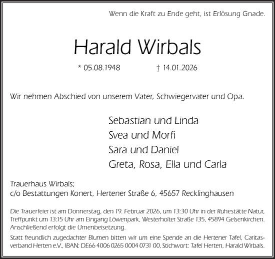 Traueranzeige von Harald Wirbals von Ruhr Nachrichten und Halterner Zeitung