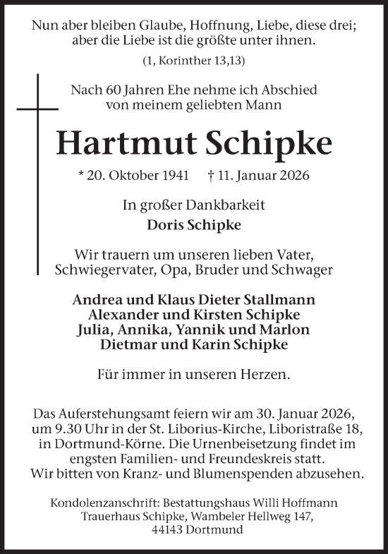 Traueranzeige von Hartmut Schipke von Ruhr Nachrichten