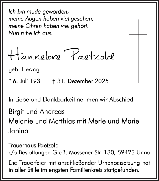 Traueranzeige von Havuolore Paetzold von Hellweger Anzeiger