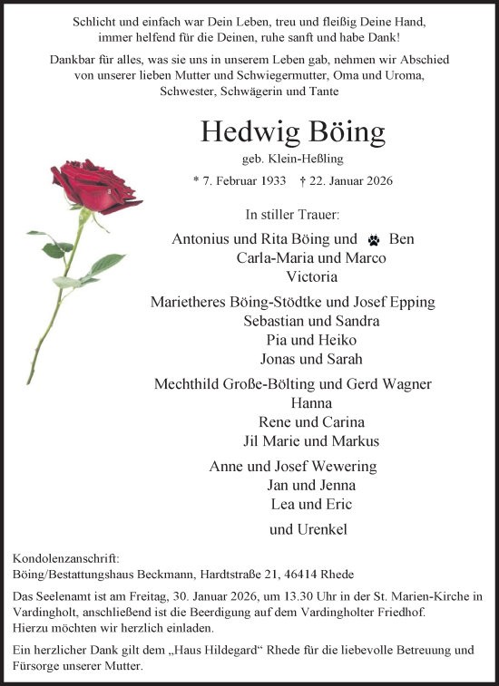 Traueranzeige von Hedwig Böing 