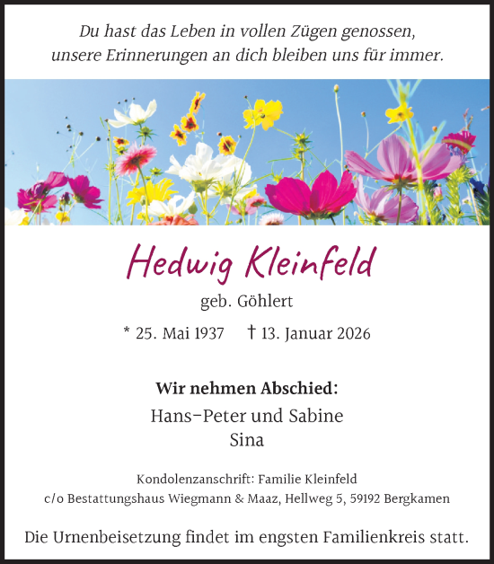 Traueranzeige von Hedwig Kleinfeld von Hellweger Anzeiger