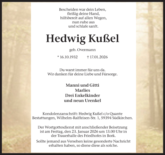 Traueranzeige von Hedwig Kußel von Ruhr Nachrichten