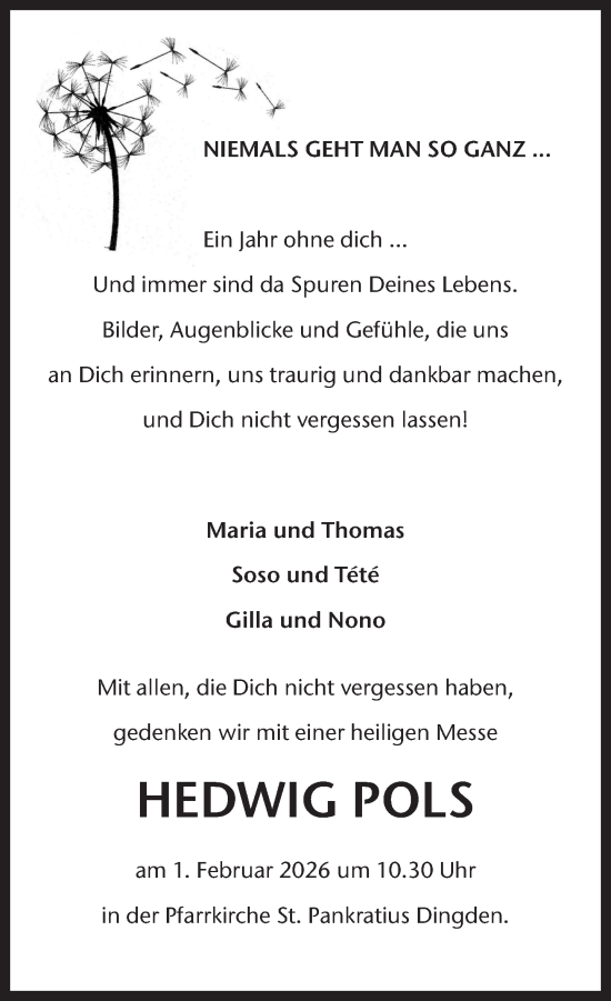 Traueranzeige von Hedwig Pols 