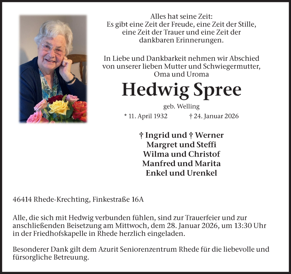  Traueranzeige für Hedwig Spree vom 27.01.2026 aus 