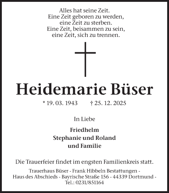 Traueranzeige von Heidemarie Büser von Ruhr Nachrichten