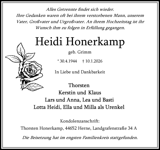 Traueranzeige von Heidi Honerkamp von Hellweger Anzeiger