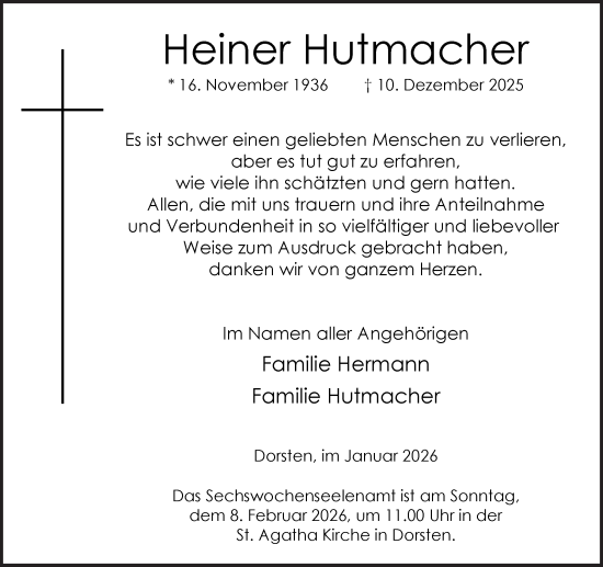 Traueranzeige von Heiner Hutmacher von Ruhr Nachrichten und Dorstener Zeitung