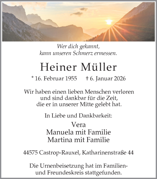 Traueranzeige von Heiner Müller von Stadtanzeiger Castrop-Rauxel