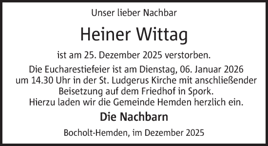 Traueranzeige von Heiner Wittag 