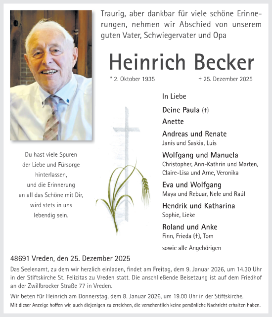 Traueranzeige von Heinrich Becker von Münsterland Zeitung