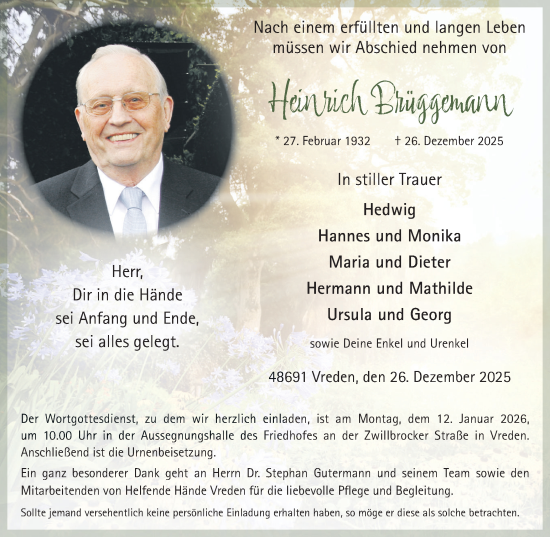 Traueranzeige von Heinrich Brüggemann von Münsterland Zeitung