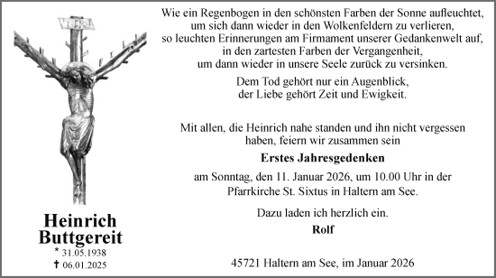 Traueranzeige von Heinrich Buttgereit von Ruhr Nachrichten und Halterner Zeitung