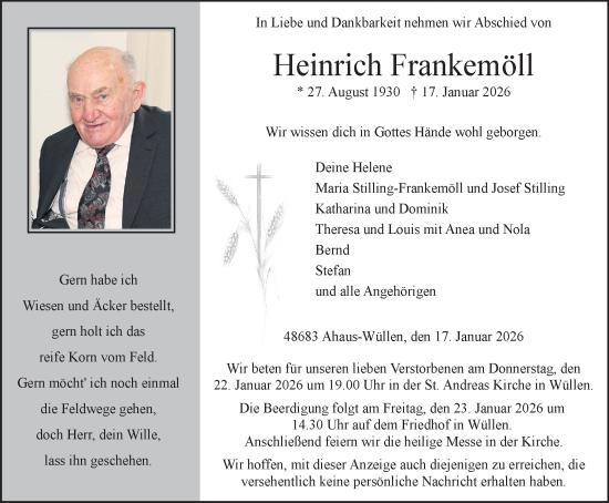 Traueranzeige von Heinrich Frankemöll von Münsterland Zeitung