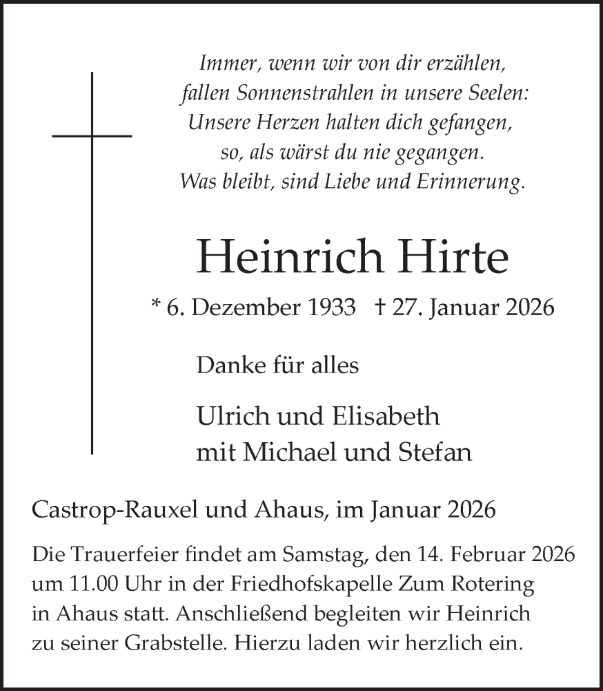  Traueranzeige für Heinrich Hirte vom 31.01.2026 aus Münsterland Zeitung
