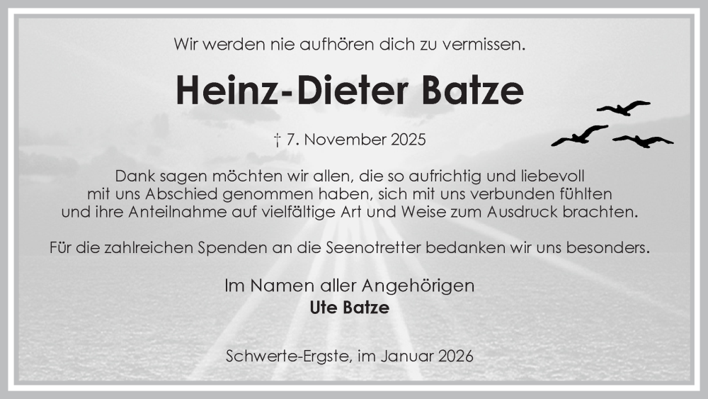  Traueranzeige für Heinz-Dieter Batze vom 24.01.2026 aus Ruhr Nachrichten